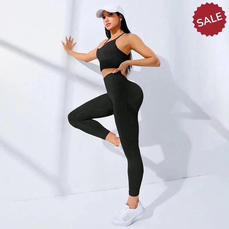 2Pcs Women's Yoga Fitness Set Seamless Breathable Activewear Sexy Sports Bra Top High-Waisted Leggings Set