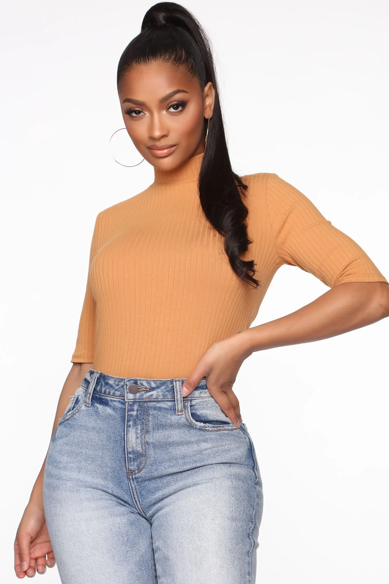 Ansley Mock Neck Short Sleeve Tee - Camel