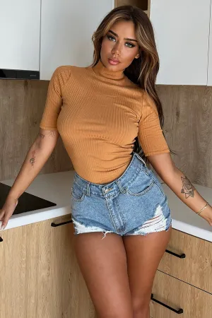 Ansley Mock Neck Short Sleeve Tee - Camel