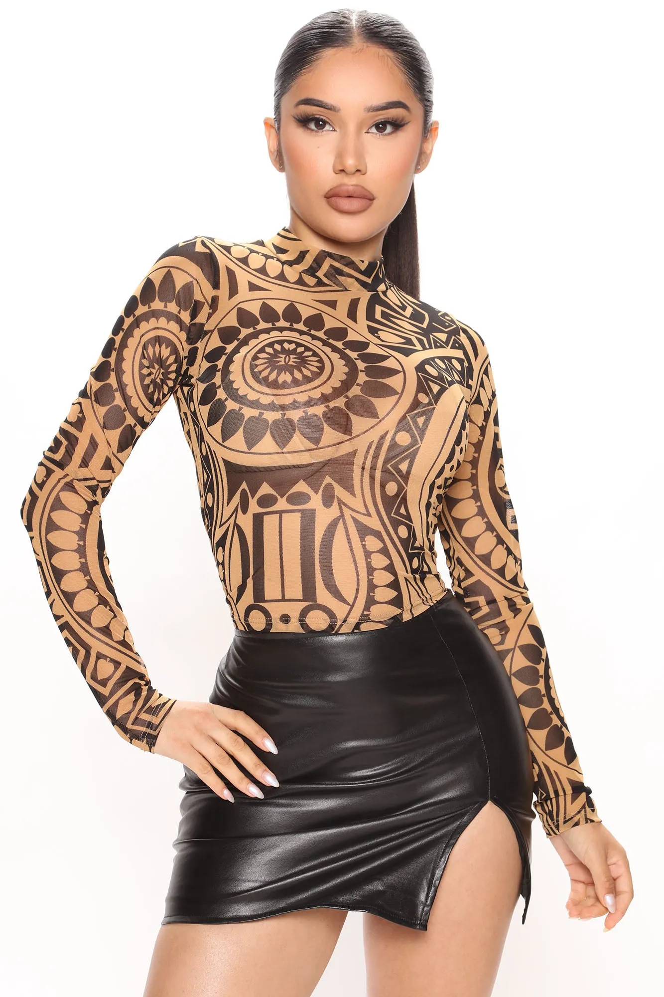 Athina Mesh Mock Neck Top - Camel/combo