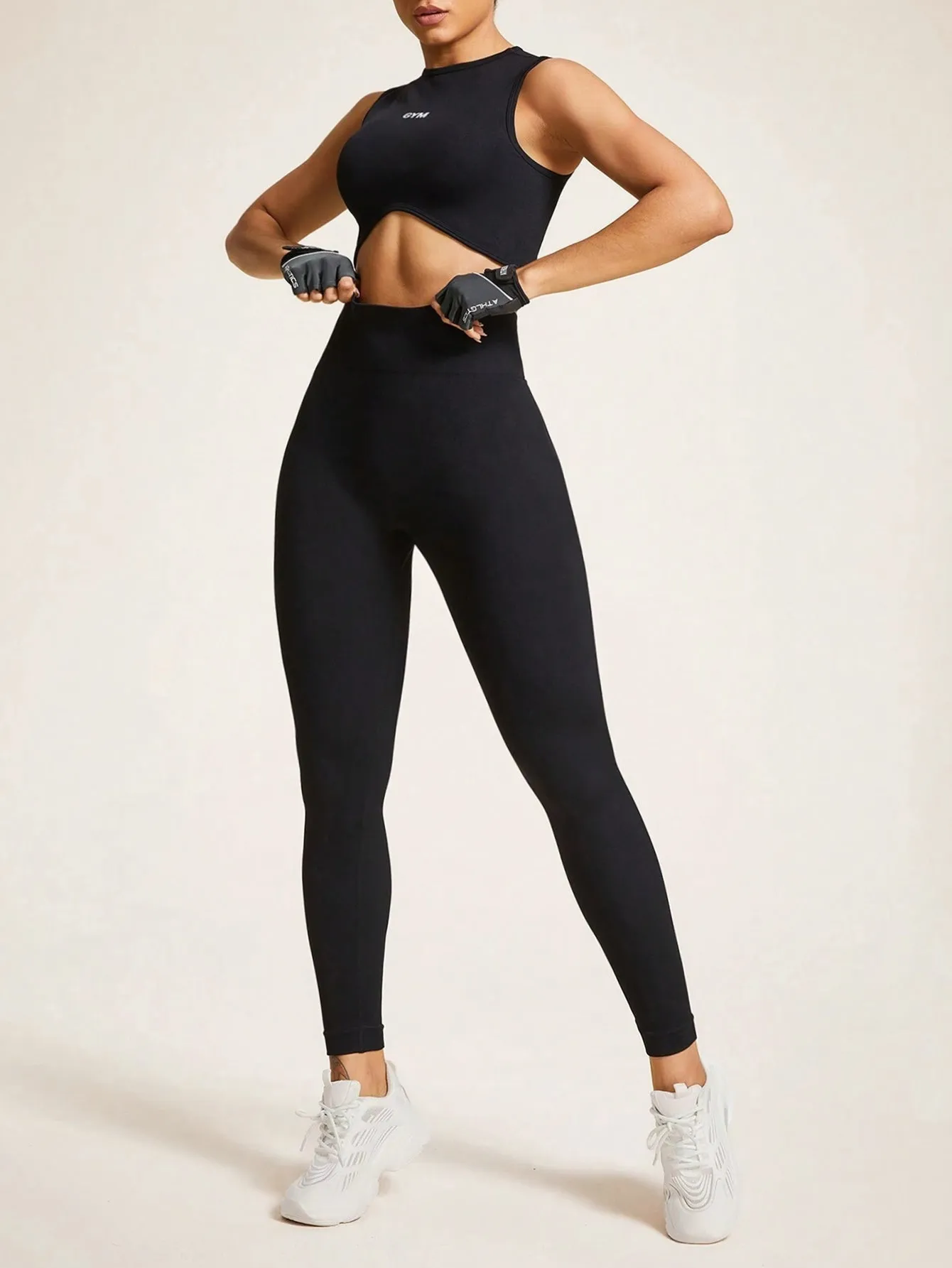 Crew Neck Letter Printed Sleeveless Seamless Top & Legging Set