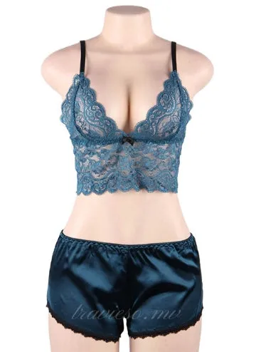 Green Nightwear Lace Satin Top Pajama Sets