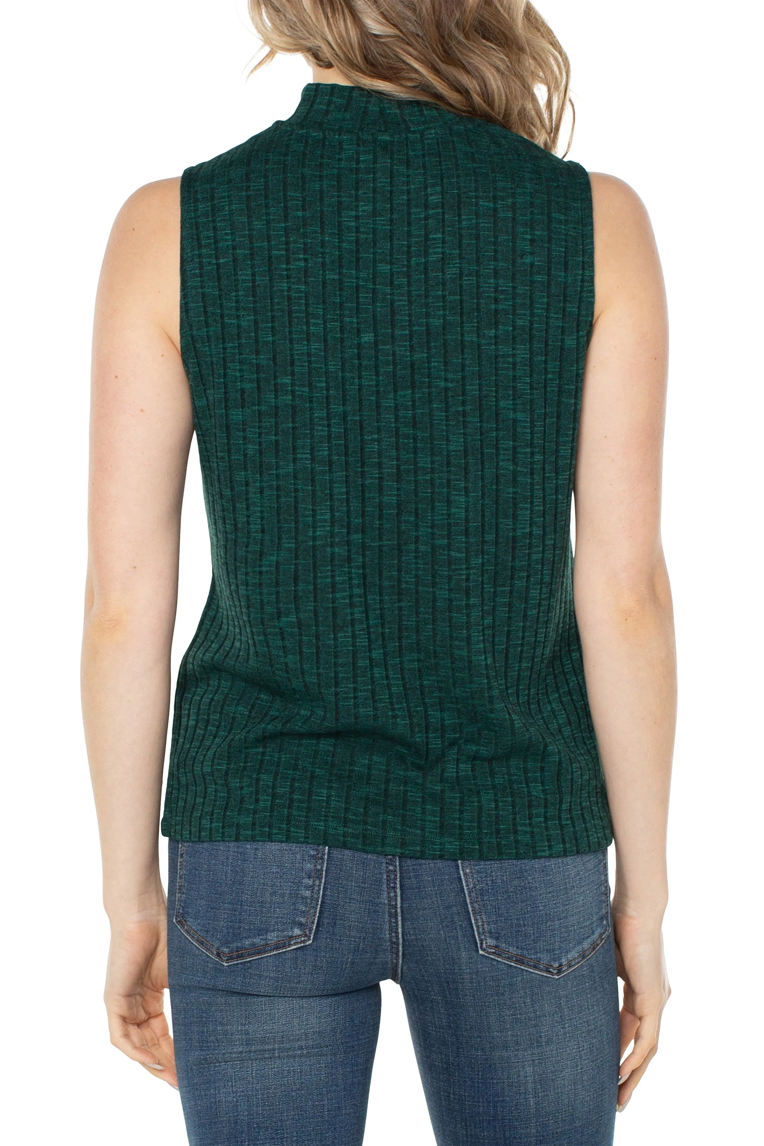 Liverpool Mock Neck Miter Sleeveless Knit Top In Emerald