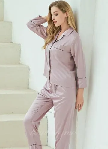 Mauve Satin Pajamas with Ankle-Length Pants