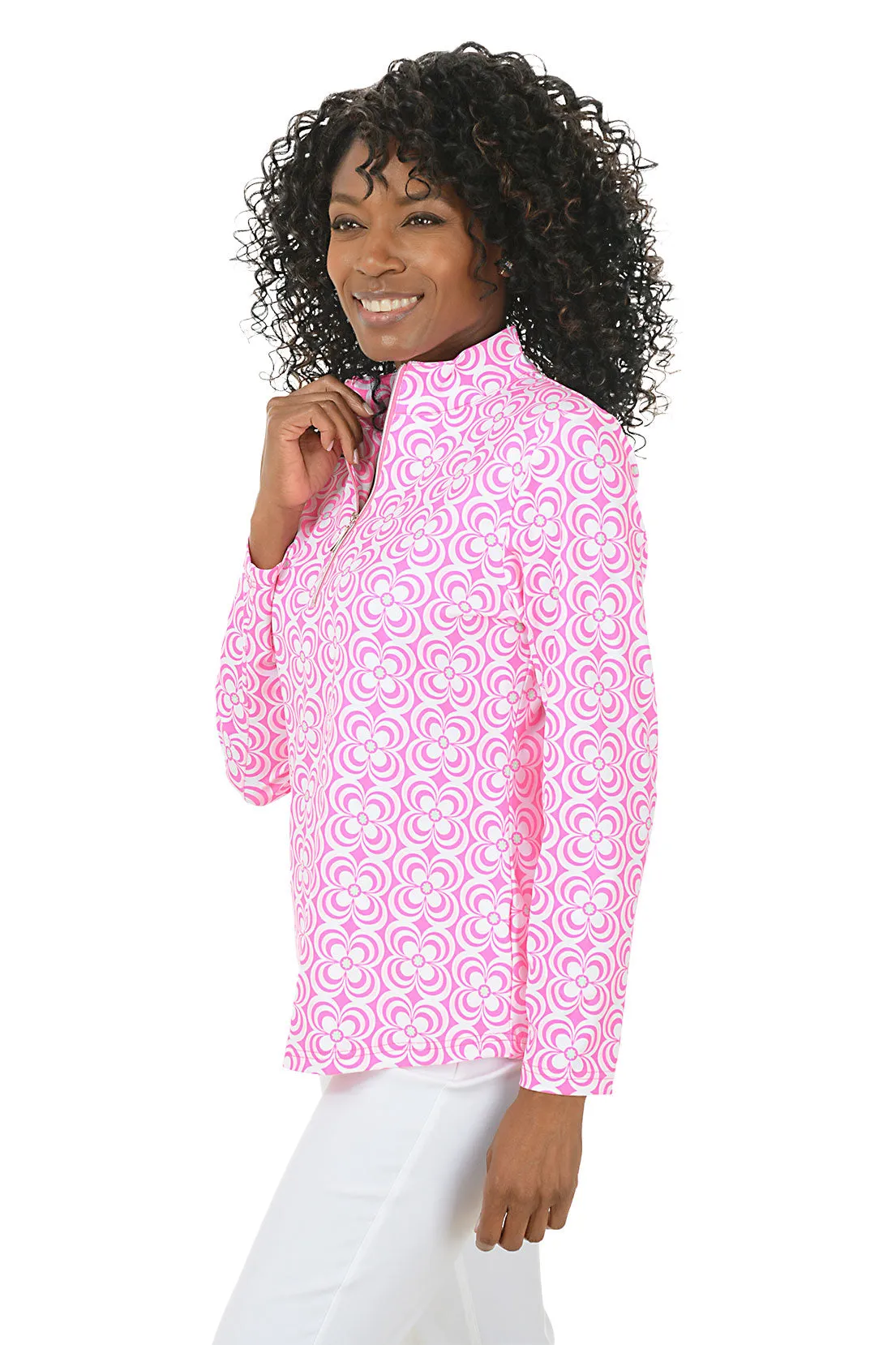 Pink Optical Daisy Mock Neck UPF50  Top