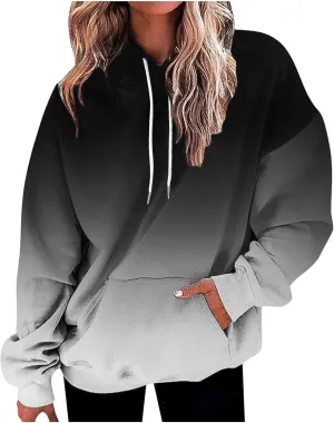 Women'S Fashion Hoodies & Sweatshirts Long Sleeve Drawstring Hooded Gradient Color Casual Oversized Fall Tops Clothes